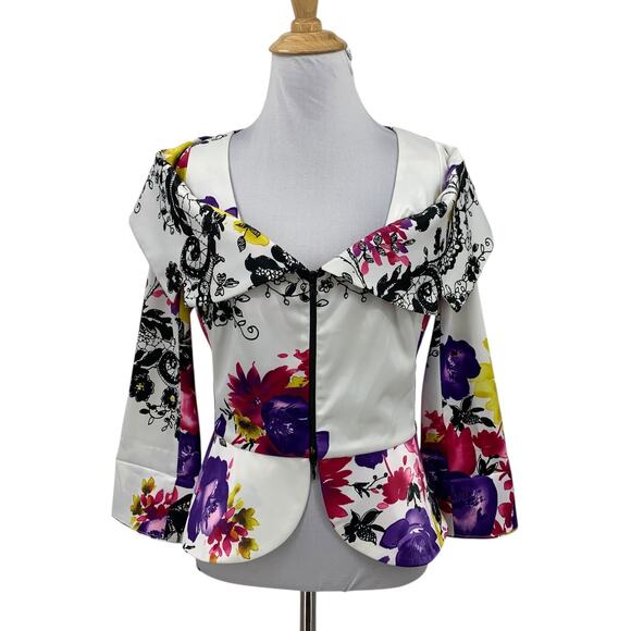 Joseph Ribkoff Jacket Womens 6 Multi Floral Full Zip Satin Cropped Layer Blazer - Picture 1 of 12